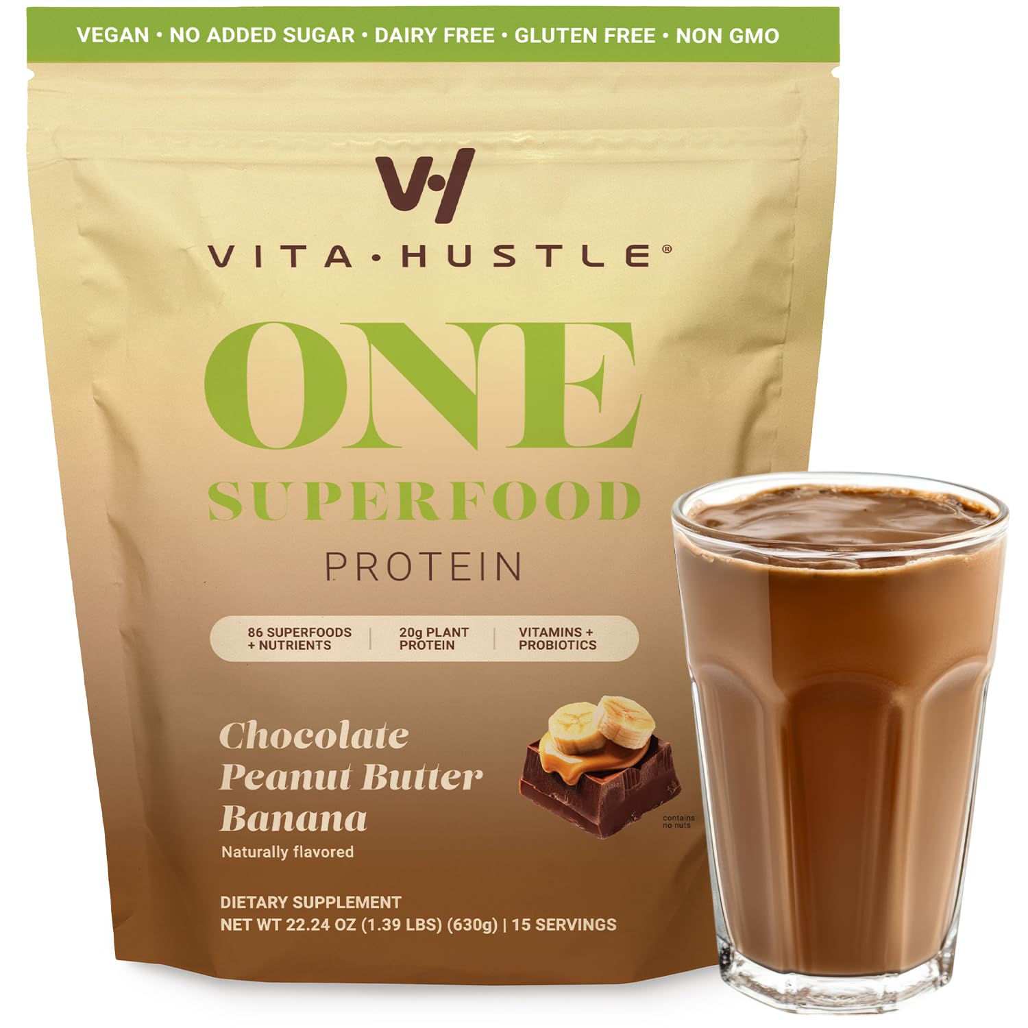 VitaHustle All-in-One Nutrition Shake, Choc Peanut Butter Banana - Plant Based Protein Powder by Kevin Hart – Vegan Meal Replacement Shake with KSM66 Ashwagandha & 86+ Superfoods - Organic Meal Replacement Powder