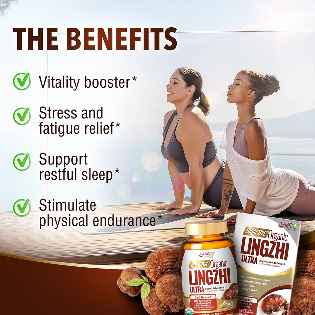 LABO Nutrition Bioactive Organic Lingzhi Reishi Ultra 7 Mushroom Extract Supplement Reishi Cordyceps Maitake Turkey Tail Agaricus blazei Murill Shiitake for Immune Support, Vitality, USDA Organic