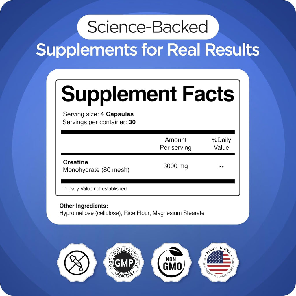 Creatine Monohydrate 3,000mg 120 Capsules – Non-GMO, Gluten-Conscious, High-Purity Pre-Workout Supplement for Muscle Growth and Enhanced Performance – Micronized Formula
