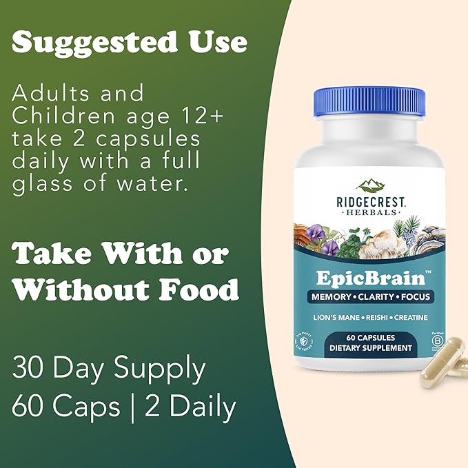 RidgeCrest Herbals EpicBrain, Natural Brain Support Supplement with Creatine Monohydrate, Lion's Mane, Reishi, Supports Mental Clarity, Memory, Focus, Stimulant-Free Nootropic (60 Count, 30 Servings)