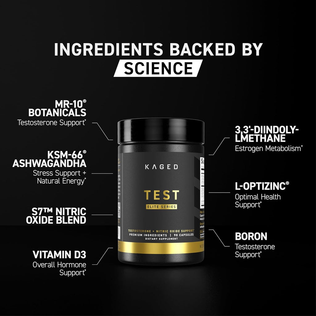 Kaged Test Elite Capsules | Unflavored | Testosterone Booster Ferodrox | Premium Hormone Managment | MR-10, KSM-66 Ashwagandha, S7 Nitric Oxide Booster | Supplements for Men & Women | 30 Servings