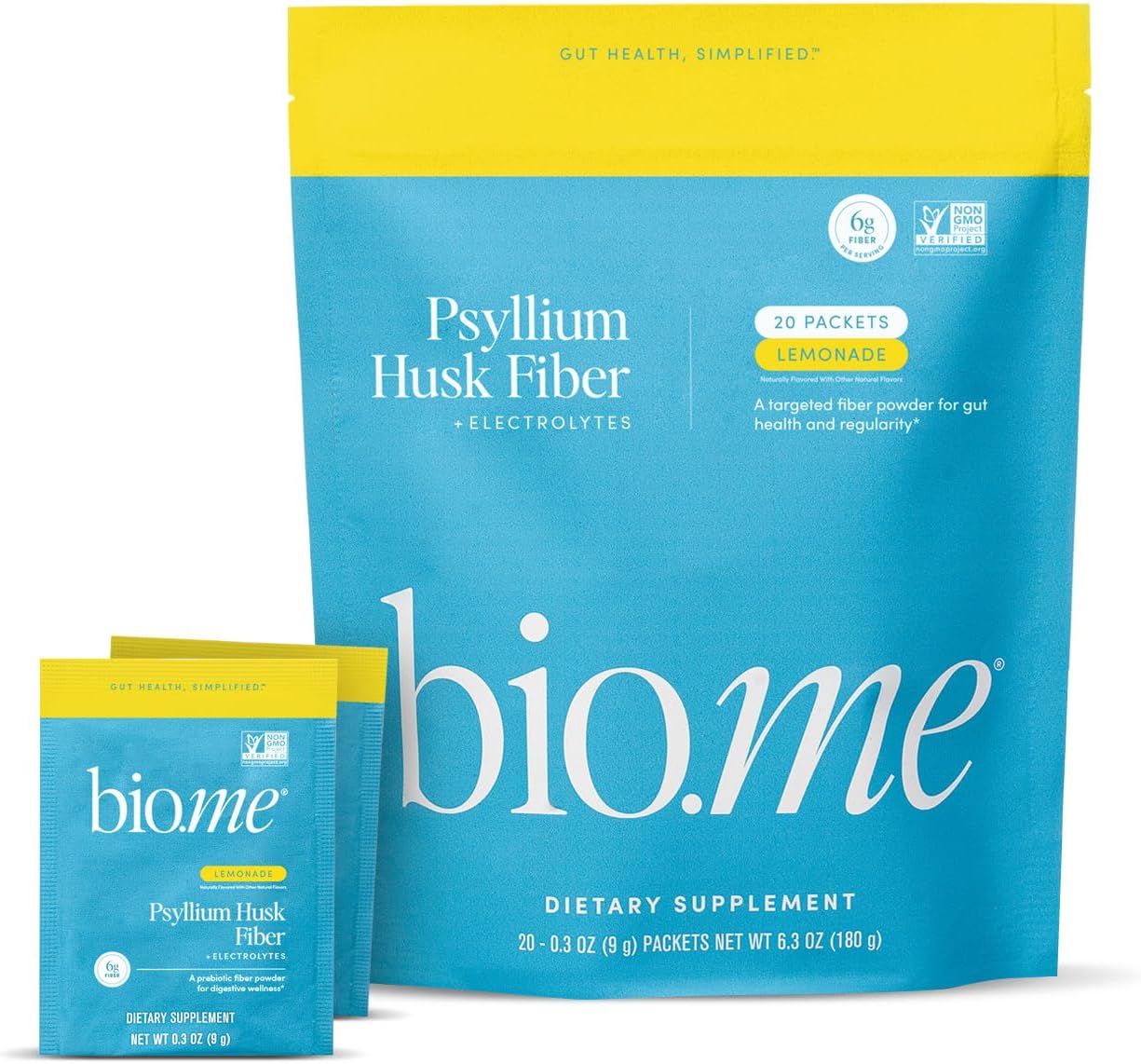 Psyllium Husk Fiber Lemonade 20 Count Travel Packs (6g Per Packet) - Psyllium Husk Powder for Digestive Health & Bloating Relief, Gluten Free, Sugar Free Prebiotic Fiber Powder, Non-GMO Supplement