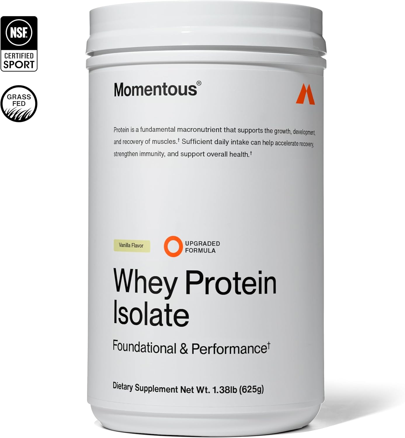 Momentous Essential Grass-Fed Whey Protein Powder - 20 g Whey Isolate Protein - NSF Certified for Sport - Gluten-Free - 24 Servings for Essential Everyday Use - Vanilla - Package May Vary