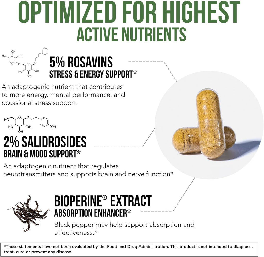 Max Strength Siberian Rhodiola®: Rhodiola Rosea 5% Rosavins, 2% Salidroside & BioPerine® for Enhanced Absorption – Helps Support Stress, Energy & Focus* – Grown in Siberia, DNA Verified (60 Capsules)
