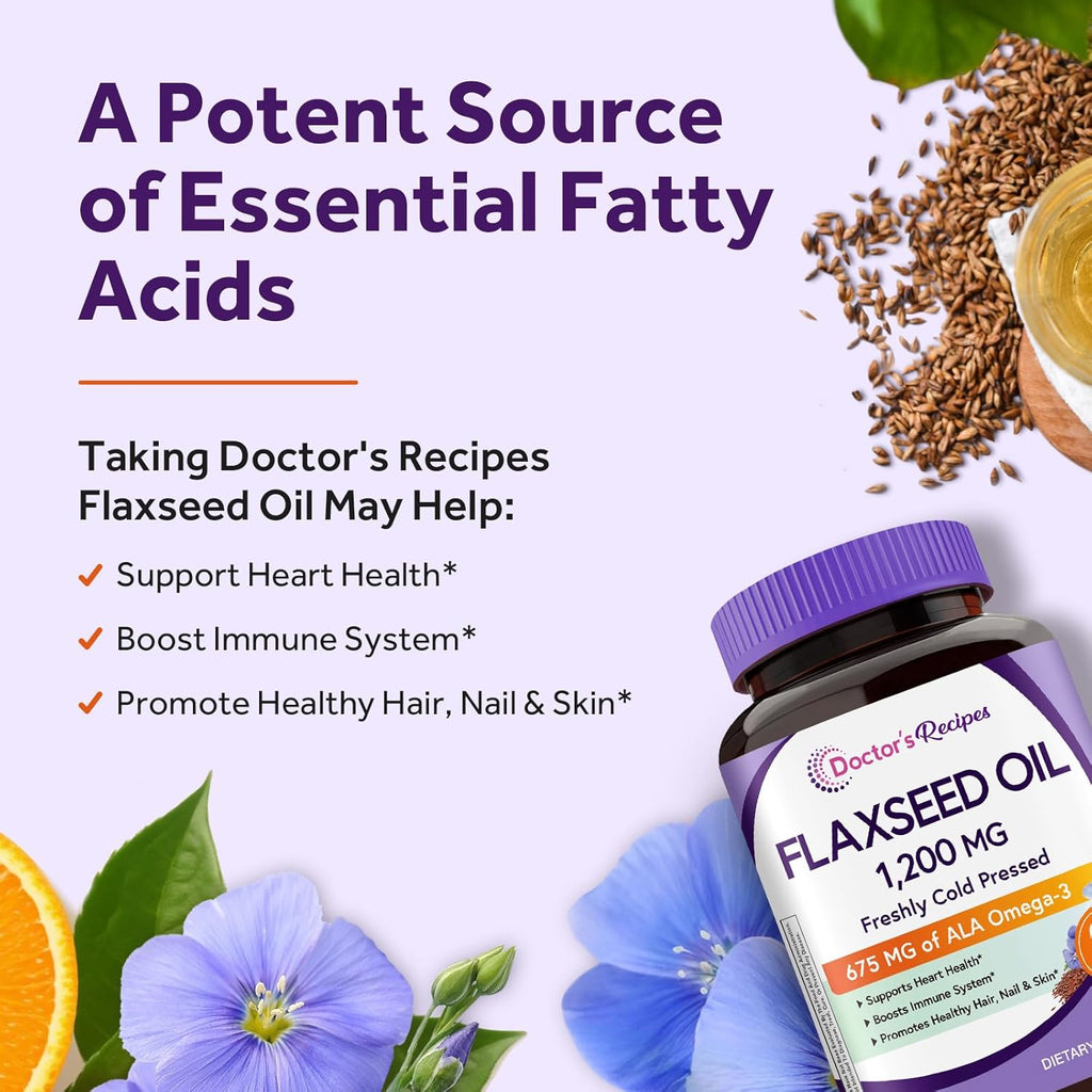 Doctor's Recipes Flaxseed Oil, 1200 mg, Freshly Cold Pressed, High in ALA, Omega 3 6 9, No Gluten, No Soy, for Heart Health, Non GMO, 60 Softgels