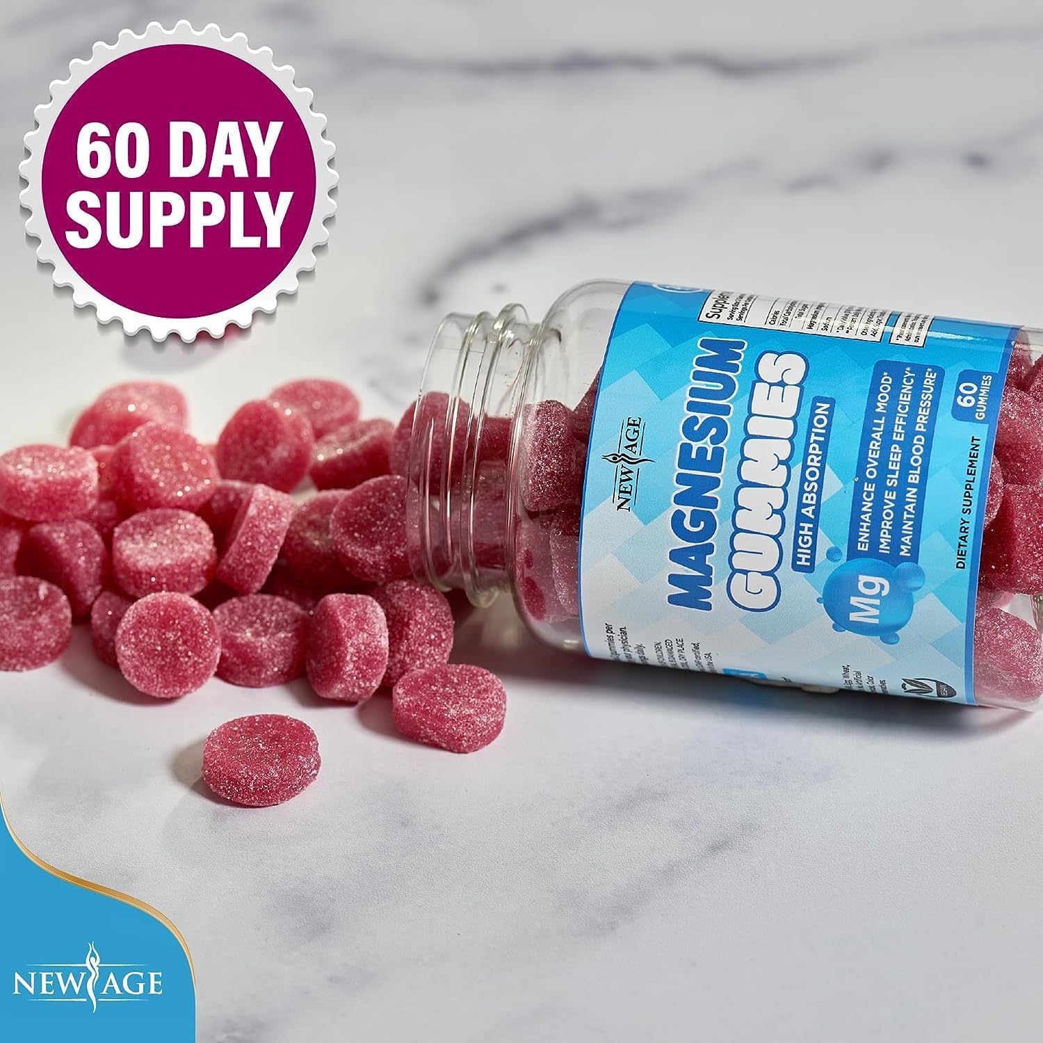Magnesium Gummies - Calming Anti-Stress Gummies, Magnesium Supplement for Adults and Kids, Vegan, Gelatin-Free, Gluten-Free, Non-GMO, Delicious Natural Raspberry Flavor- 180 Count - by New Age