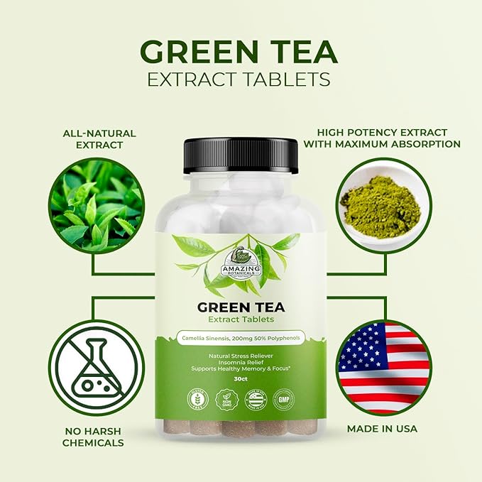 Amazing Botanicals Green Tea Extract Tablets - Camellia Sinensis, 200mg 50% Polyphenols | Daily Wellness Supplement | Non-GMO, Gluten Free - 30 Count
