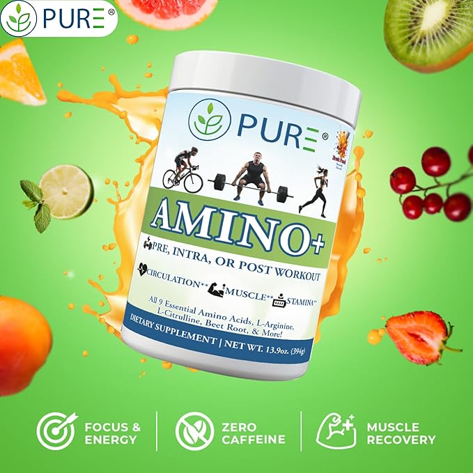 PURE Amino+ Drink Mix, Fruit Splash, 9 Essential Amino Acids, L-Arginine, L-Citrulline, 501g, 30 Servings, Premium Wellness Supplement