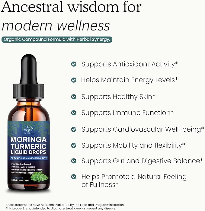 (2 Pack) Organic Moringa Leaf Extract Liquid Drops Supplement 1000mg with Turmeric and Black Pepper for Energy, Antioxidant and Skin, Green Superfood Supplement for Women Men, Vegan, 1 Fl Oz
