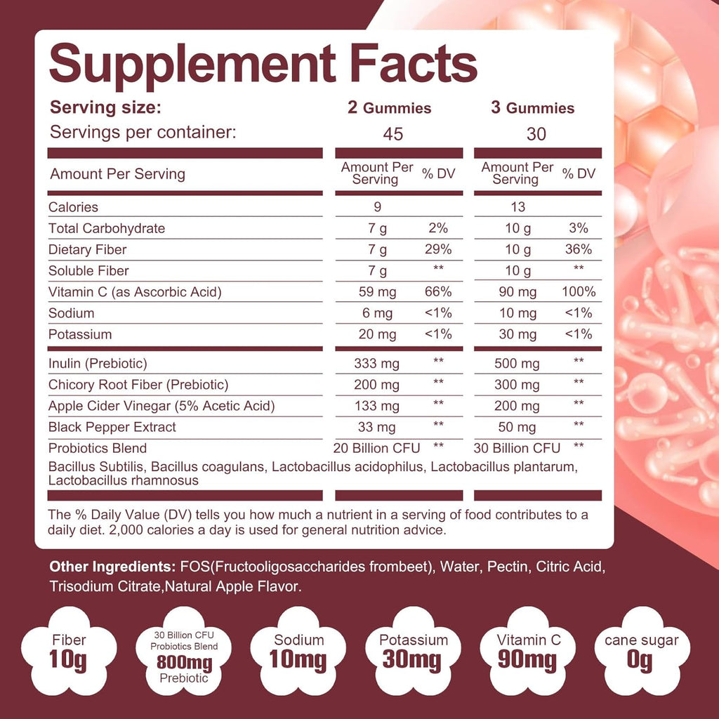 Fiber Gummies with Probiotics,10G Fiber per Serving No Sugar Added Apple Flavor, with 10 Billion CFU Probiotics Blend, Apple Cider Vinegar, Vitamin C, Inulin, Bloating Support 90 Count