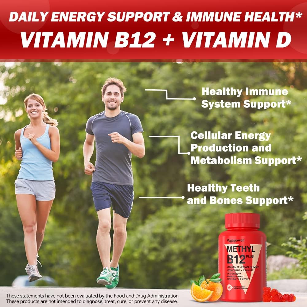 Vegan Vitamin B12 Gummies with Vitamin D - 90 Count I 1000 MCG Methyl B12 & 5000 IU D3 Gummy Chewable Supplements for Adults & Kids - Supports Immune Health & Daily Energy Boost - Non-GMO, Orange