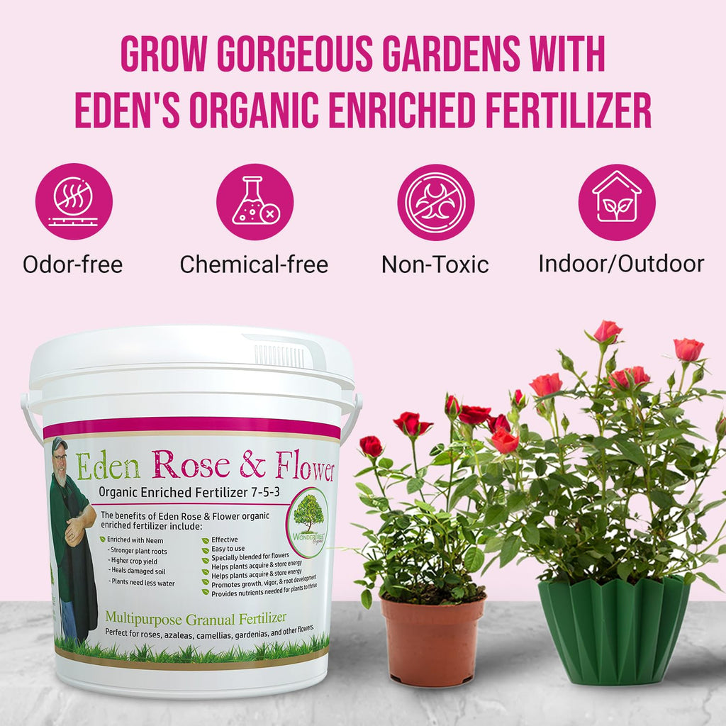 Eden Rose & Flower Organic Enriched Fertilizer | Neem Plant Food-7-5-3 Enriched Formula | for Best Flower Growth (5lbs)