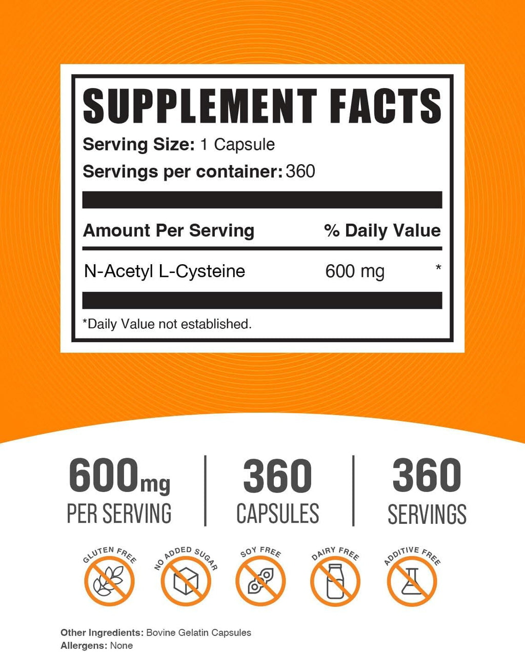 BulkSupplements.com N-Acetyl L-Cysteine Capsules - N-Acetyl Cysteine 600mg, NAC Supplement - 600mg per Capsule, Gluten Free - 1 NAC Capsule per Serving, 360 Capsules (Pack of 1)