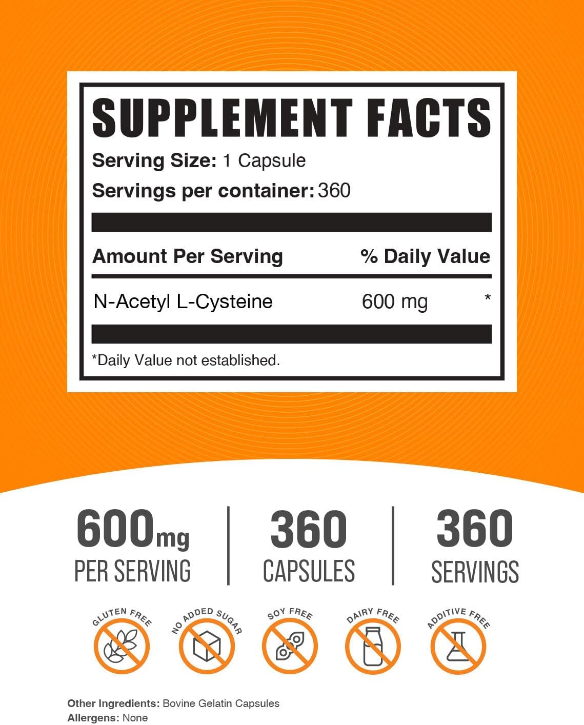 BulkSupplements.com N-Acetyl L-Cysteine Capsules - N-Acetyl Cysteine 600mg, NAC Supplement - 600mg per Capsule, Gluten Free - 1 NAC Capsule per Serving, 360 Capsules (Pack of 1)