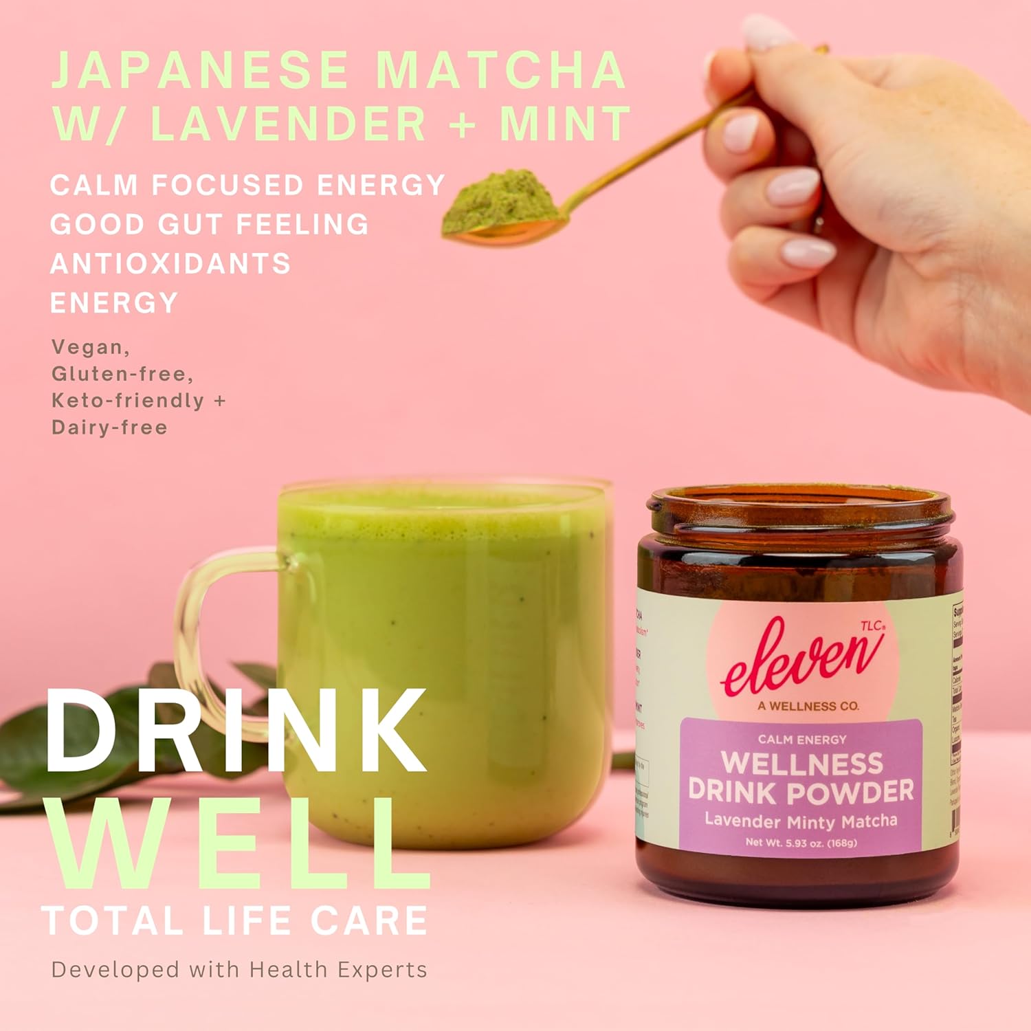 Eleven TLC Mint Matcha Powder with Lavender – Sugar-Free Japanese Green Tea for Lattes, Mocktails, Smoothies – Calm Energy, L'Theanine, Vegan, Low-Calorie, Barista-Approved Wellness Mix, Packaged Glass Jar