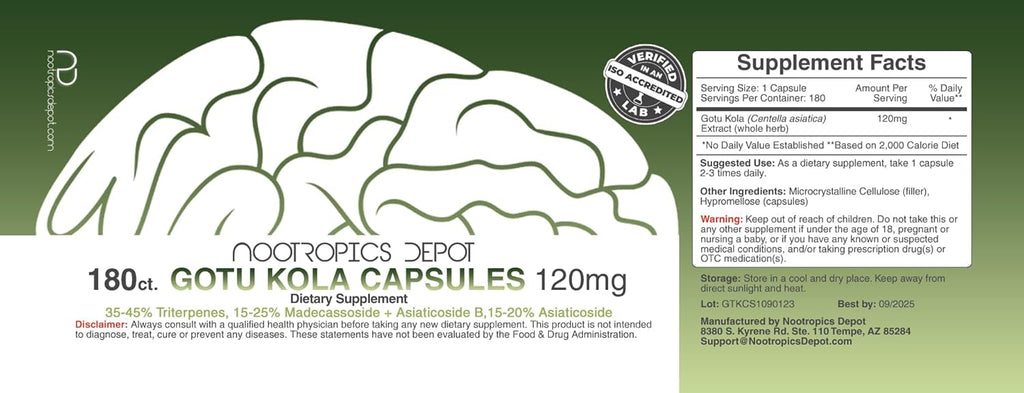 Nootropics Depot Gotu Kola Extract Capsules | 120mg | 180 Count | Acid Resistant | Centella asiatica | 35-45% Triterpenes | Supports Healthy Stress Levels | Promotes Memory Enhancement