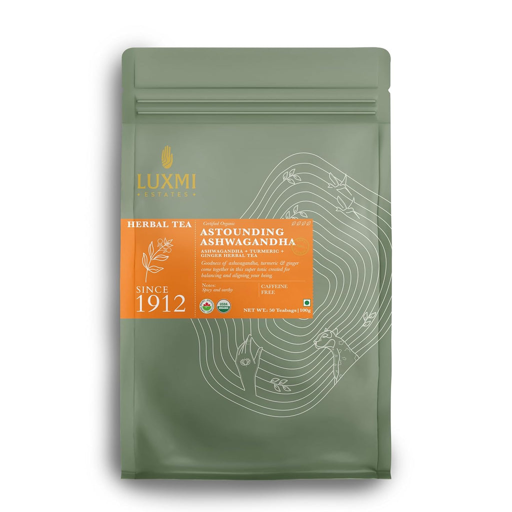 Luxmi Estates Astounding Ashwagandha Tea, 50 Tea Bags, with Ashwagandha, Turmeric, Ginger, Lemongrass & More, for Stress Relief, Calming, and Relaxing