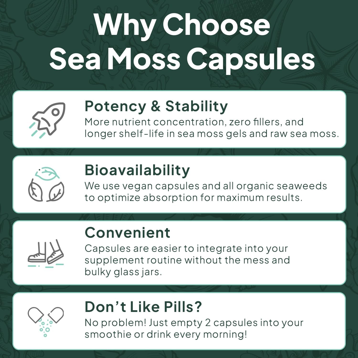 Wild Sea Moss Capsules - 100% Organic Irish Sea Moss with Organic Chlorella, Bladderwrack and Vitamin D for Energy, Lung Health and Thyroid Support for Women and Men - 6 Bottles