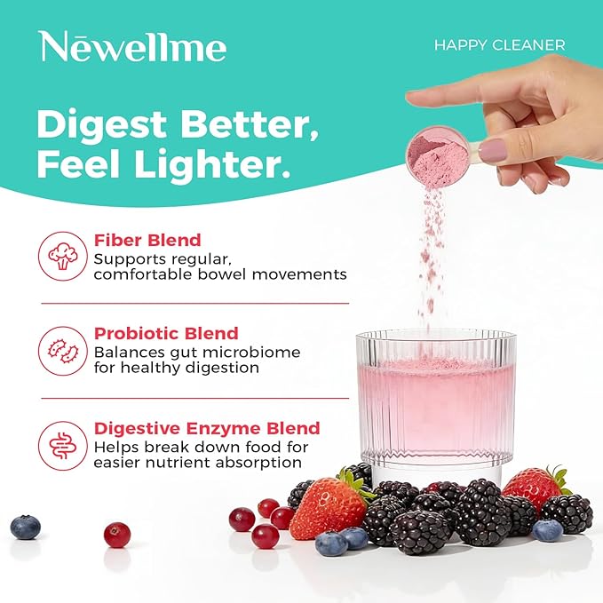 NEWELLME Happy Cleaner Digestive Supplement Powder, Gut Health Drink Mix with Probiotics, Digestive Enzymes & Fiber, Supports Digestion and Bloating, Berry Flavor, 14 Sachets