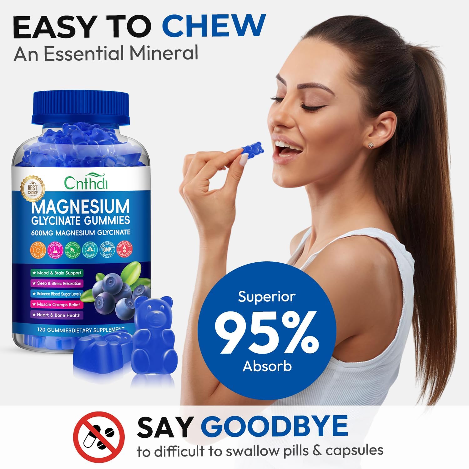 Magnesium Glycinate Gummies 600mg, Sugar Free Chewable Magnesium Gummies for Adults & Kids Relaxation, Stress Relief, Night Rest, No Melatonin, Gluten Free, Non GMO, Vegan, Pectin, 120 Count