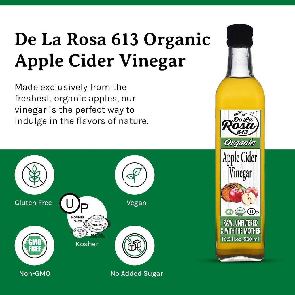 De La Rosa Organic Apple Cider Vinegar, Raw & Unfiltered with The Mother, Kosher for Passover, Vegan & Gluten-Free, Perfect for Salad Dressings & Marinades, 16.9 oz (Single Bottle)