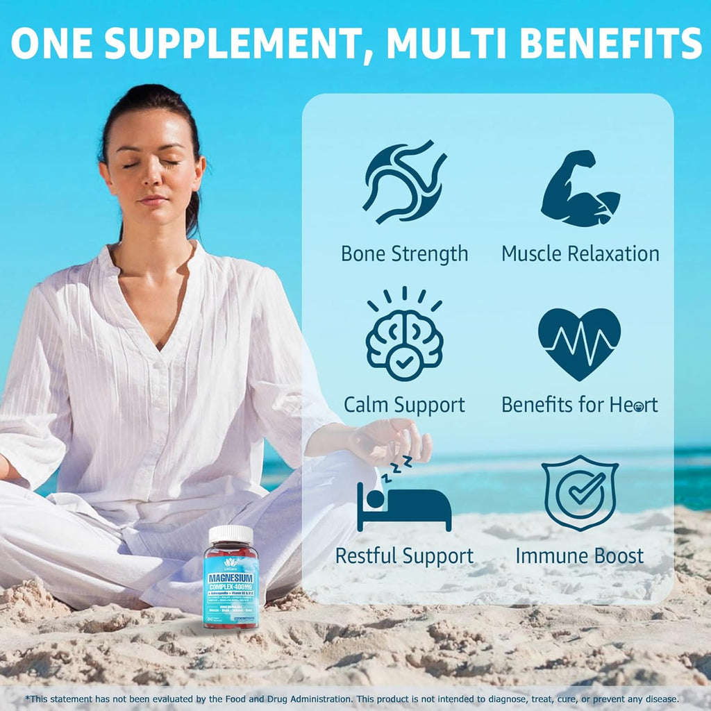 Magnesium Complex Gummies for Women Men 400mg, 8 Forms of Magnesium Glycinate, Citrate, Malate - Sugar Free Calm Magnesium Gummies Supplement with Magnesium Ashwagandha, D3, B12 for Relax,Vegan,120Cts