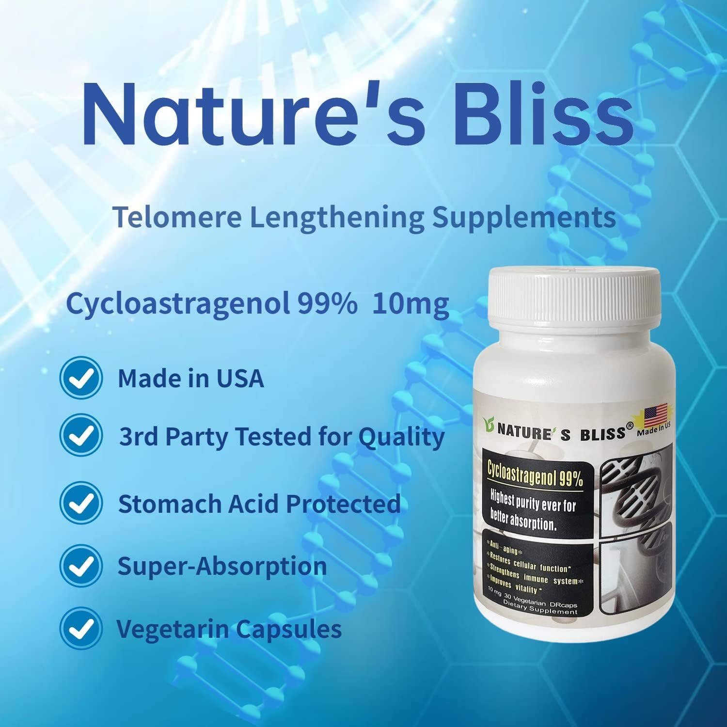 Nature'sbliss Telomerase Supplements Cycloastragenol 10mg 99%, Astragalus Root Extract, Anti Aging Supplement, Immunity Boost, Stomach Acid Protected, Super Absorption, 180 Capsules