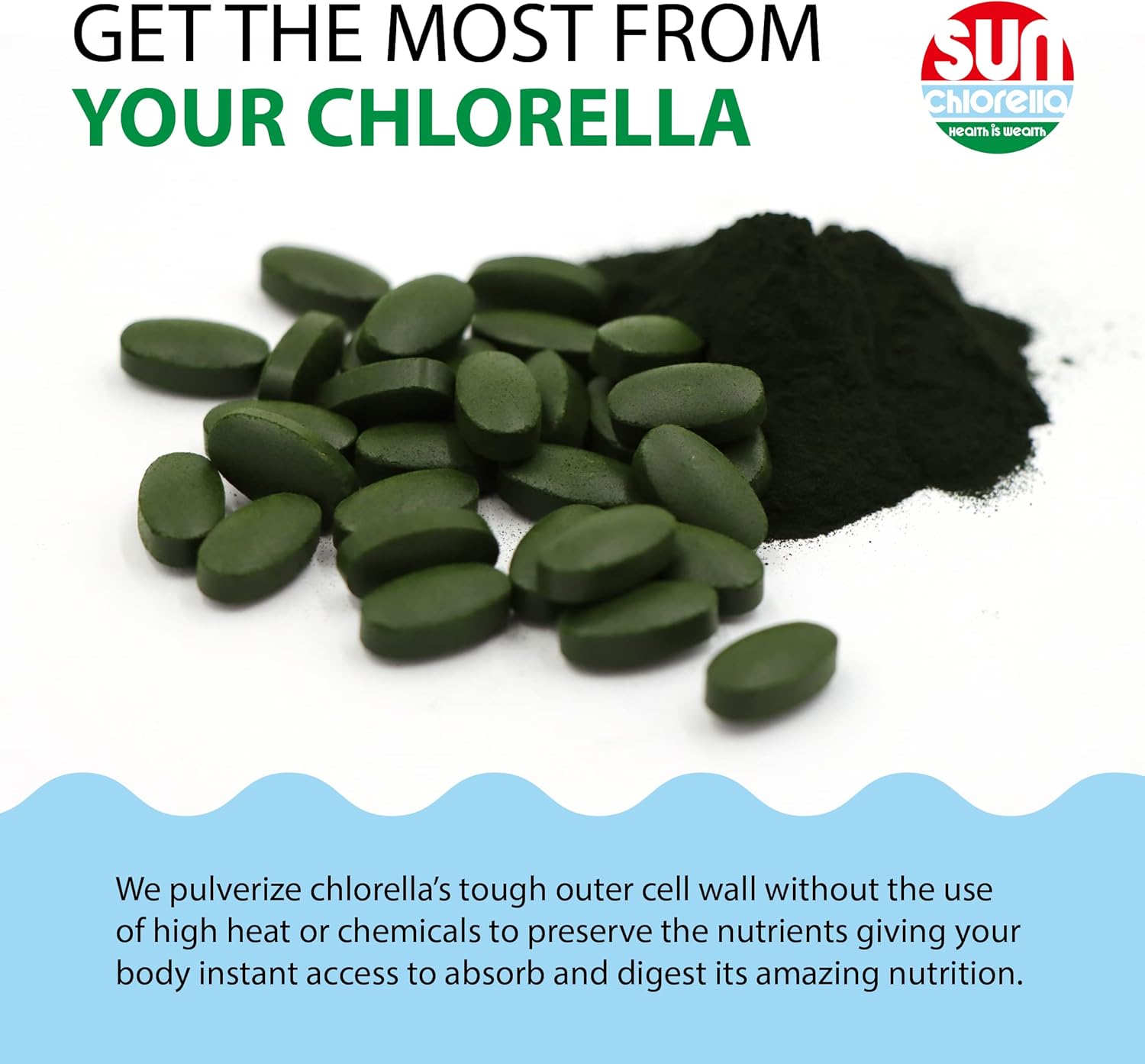 Sun Chlorella 500mg Whole Body Wellness Green Algae Superfood Supplement - Immune Defense, Gut Health, Natural Purification, Energy Boost - Chlorophyll, B12, Iron, Protein - Non-GMO - 120 Tablets