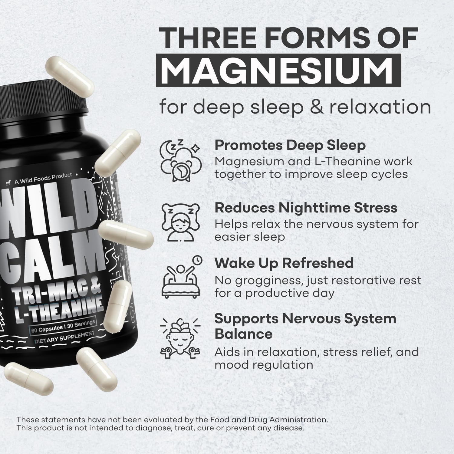 Wild Foods Tri-Mag & L-Theanine – Triple Magnesium Complex for Sleep w/L Theanine – Magnesium Glycinate, Malate, Taurate – 100% Natural – 60 Capsules