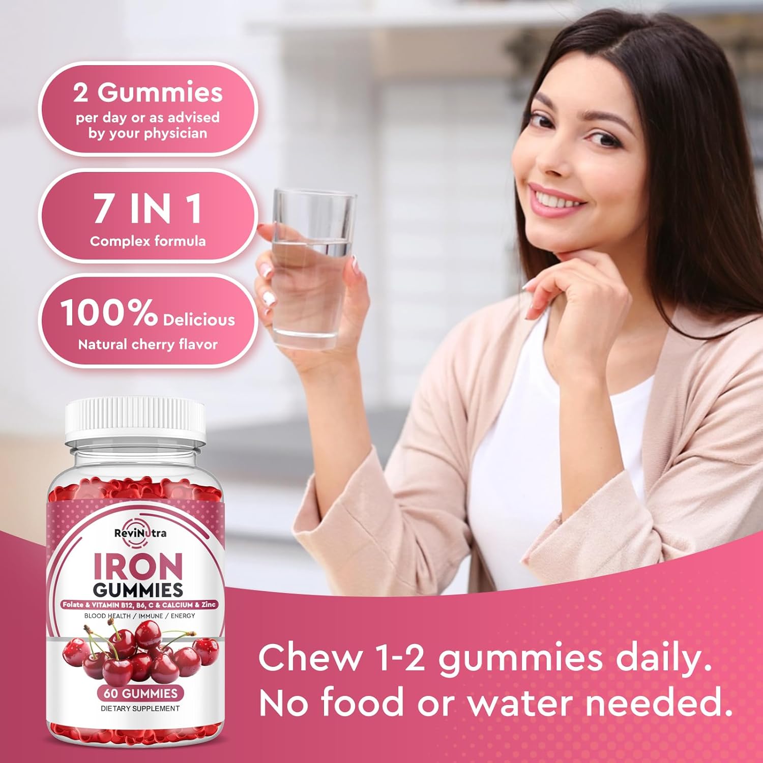Iron Gummies with Zinc, Calcium, Vitamin C, B6 & B12 | Iron Supplement for Women, Men & Kids | Supports Anemia & Deficiency, Blood Builder & Cell Formation | Chewable Cherry Flavor | 60 Gummies