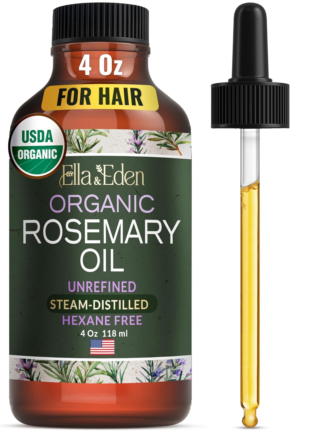 Ella & Eden Rosemary Oil for Hair 100% Pure, Steam-Distilled, Hexane-Free | USDA Certified Organic Rosemary Essential Oil for Skin Aromatherapy in a Glass Bottle, 4 Oz