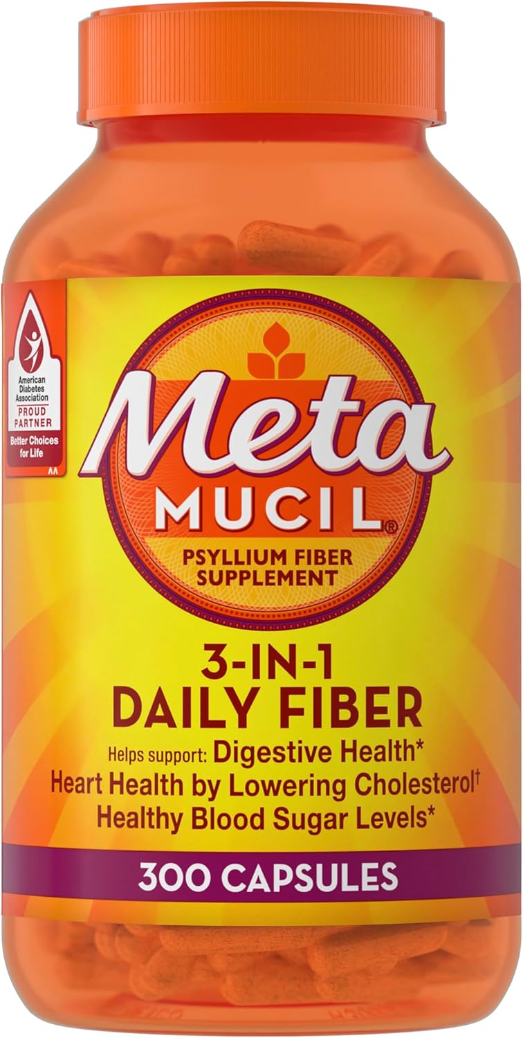 Metamucil, Daily Psyllium Husk Powder Supplement, 3-in-1 Fiber Supplement for Digestive Health, Plant Based Fiber Supplement, 300ct Capsules