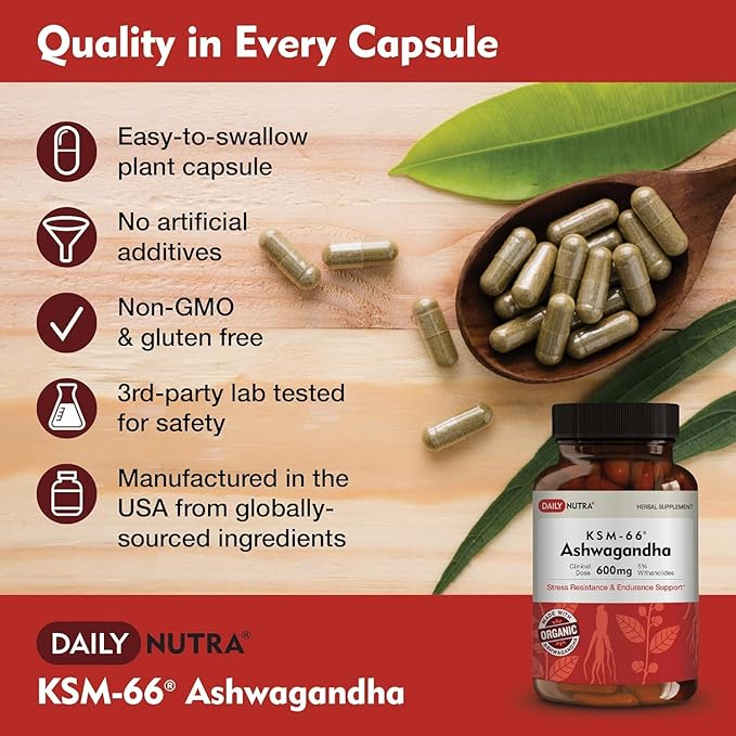 DailyNutra KSM-66 Ashwagandha 600mg Organic Root Extract - High Potency Supplement with 5% Withanolides | Relieves Tiredness, Supports Relaxation, Focus, Energy, & Muscle Growth (60 Capsules)