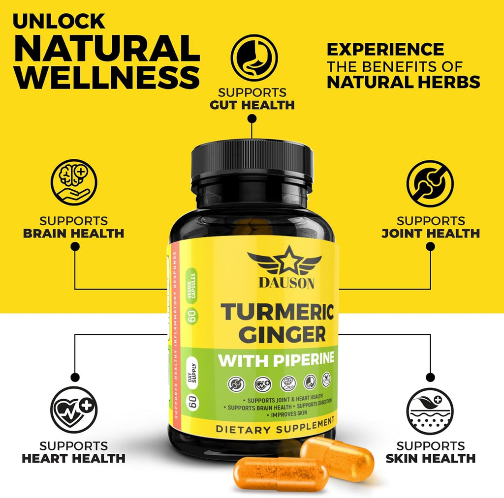 Turmeric Ginger Piperine Capsules – Curcumin 95% with Black Pepper, Vitamin C, D3 & Zinc – Gut, Joint & Immune Support – Vegan Supplement – 60 Capsules