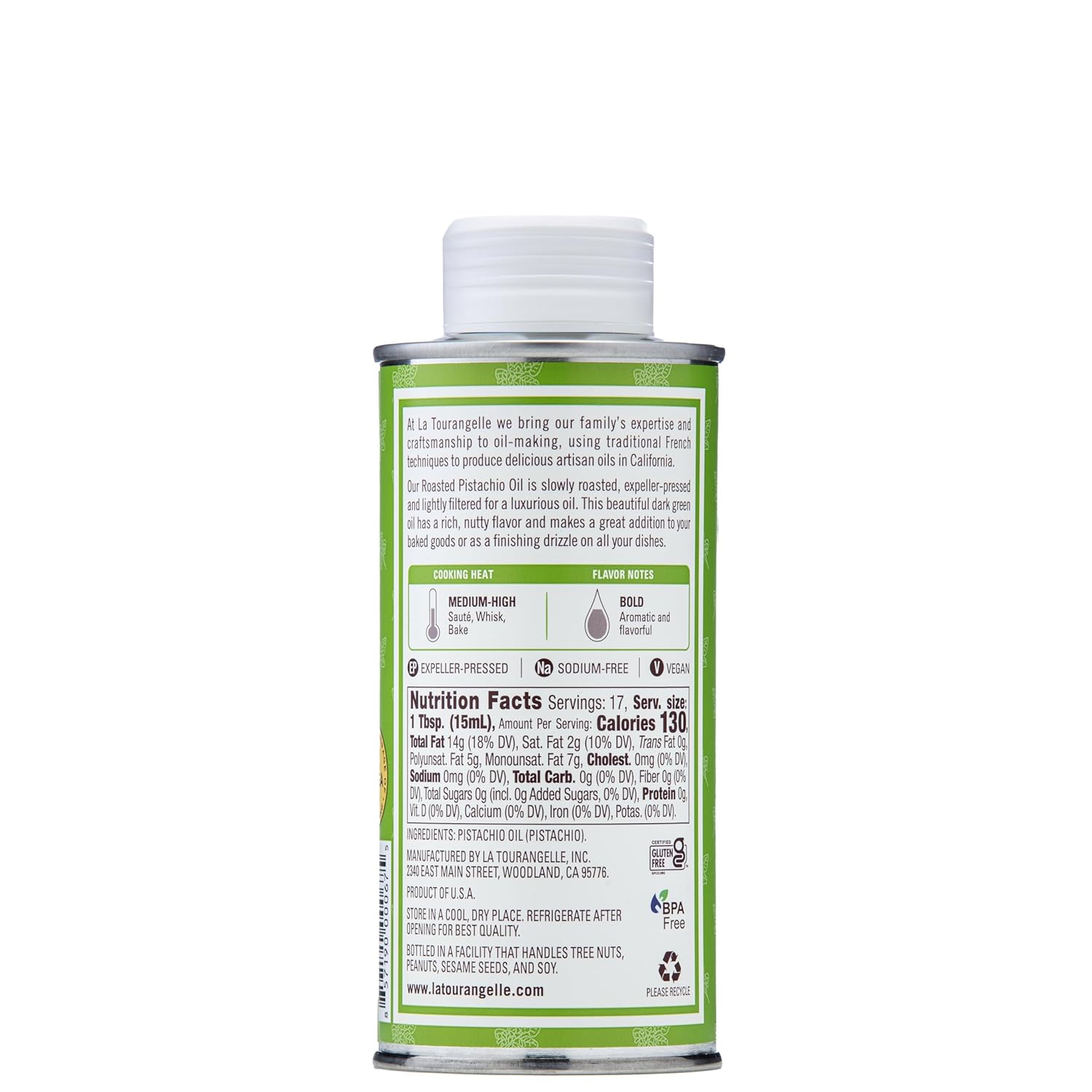 La Tourangelle, Roasted Pistachio Expeller-Pressed Oil for Cooking, Baking, and Beauty, Adds Flavor to Vinaigrettes, Sauces, Marinades, Green, 8.45 Fl Oz