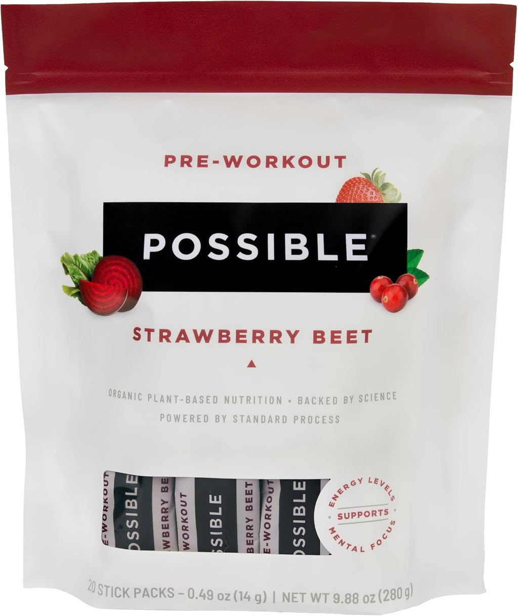 Possible Beet Pre-Workout - Strawberry Beet Flavor - Individually Wrapped Servings - Contains B-Vitamins and Green Tea Caffeine Extract - Source of Nitrates - 1 Bag, 20 Stick Packs