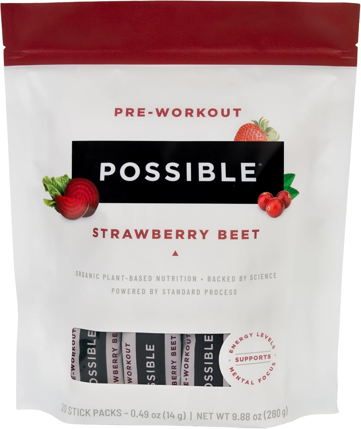 Possible Beet Pre-Workout - Strawberry Beet Flavor - Individually Wrapped Servings - Contains B-Vitamins and Green Tea Caffeine Extract - Source of Nitrates - 1 Bag, 20 Stick Packs
