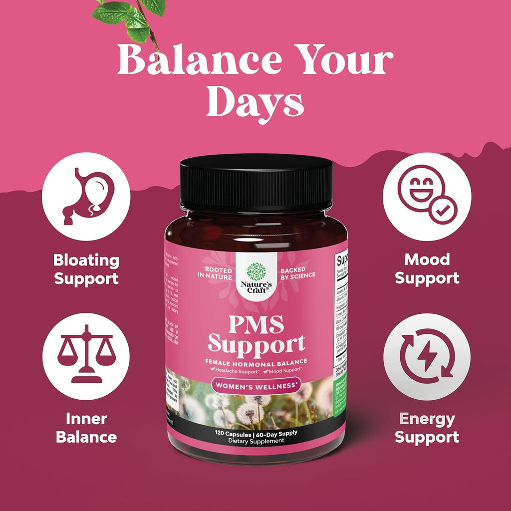 PMS Support Supplement for Women – Hormone Balance for Women & Menstrual Discomfort with DIM, Chasteberry, Black Cohosh & Ashwagandha - for Period Cramps Ease, Menopause Bloating, Mood Swing – 120 Ct