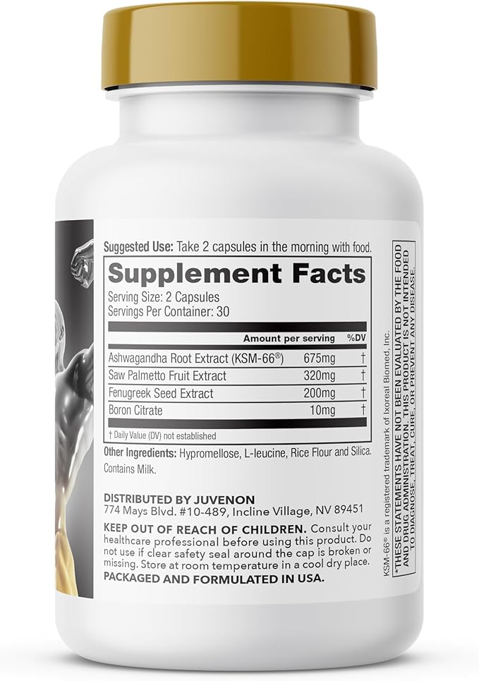 Juvenon Alpha Gold Male Testosterone Booster for Men - T-Support & Male Vitality with KSM-66 Ashwagandha + Fenugreek + Boron Citrate + Saw Palmetto, Non-GMO Vegetarian Capsules