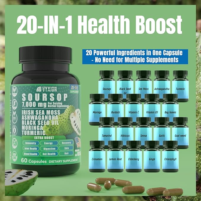 Soursop Graviola Supplement with Sea Moss, Moringa, Turmeric, Black Seed Oil, Oregano, Ashwagandha | 20-in-One Herbal extracts for Overall Health-Enhancing | Vegan, Non-GMO | 60 Capsules