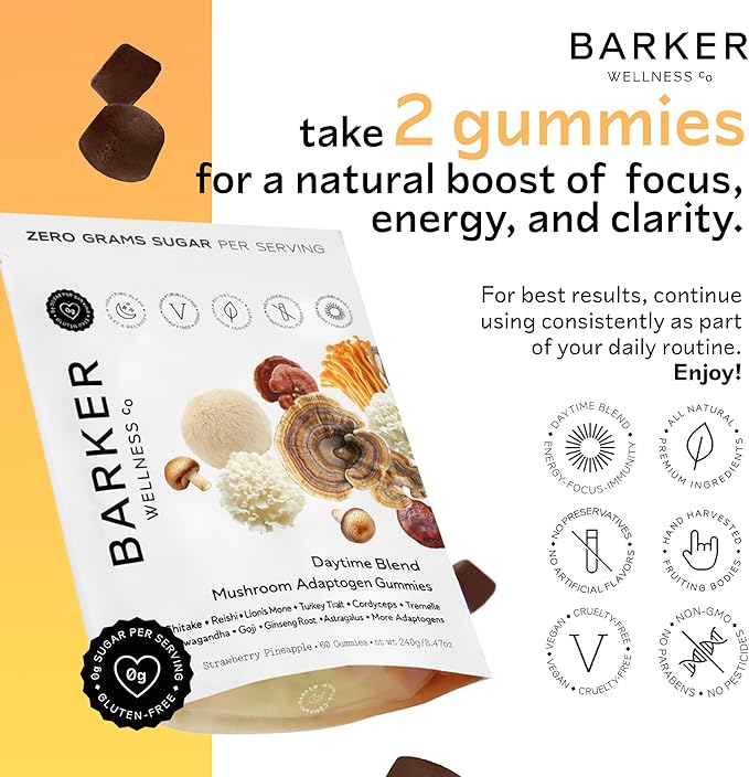 Barker Wellness Adaptogen Mushroom Gummies with Lion's Mane, Cordyceps, Reishi & Shiitake | Vegan Sugar-Free Immune System Support, Natural Energy, Enhanced Focus & Mood for Adults | 60 Count