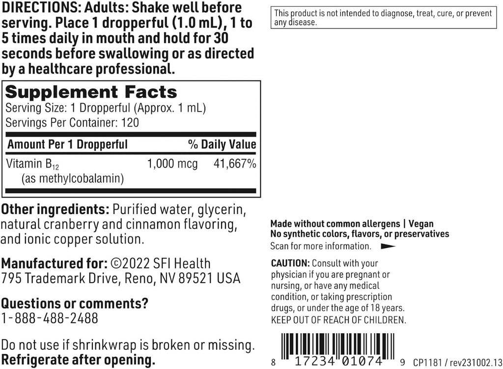 Klaire Labs SFI Health Vitamin B12 Liquid - Methylcobalamin B12 Drops - Formulated for Superior Absorption - Support Healthy Cognition & Efficient Nutrient Delivery - Vegan (120 Servings, 4 Fl Oz)