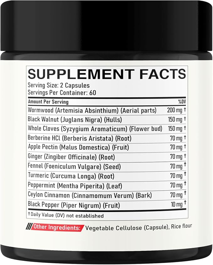 Wormwood Supplement - 120 Capsules Extracted from Black Walnut, Cloves, Turmeric, Apple, Berberine HCl & More - 11 Ingredients Combined for Immune System - 2-Month Supply