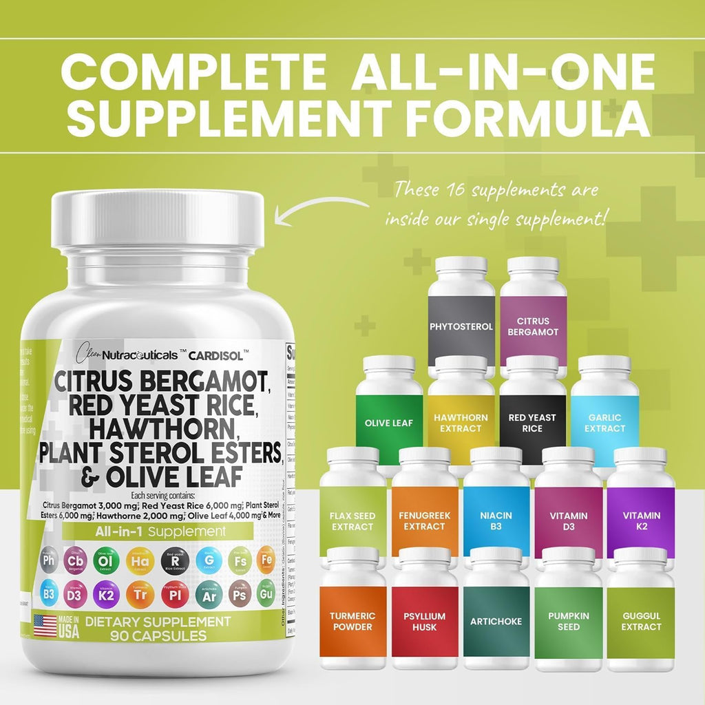 Clean Nutraceuticals Citrus Bergamot Red Yeast Rice Capsules with Plant Sterols - with Hawthorn Extract Olive Leaf Niacin Vitamin K3 D3 COQ10 Guggul & More