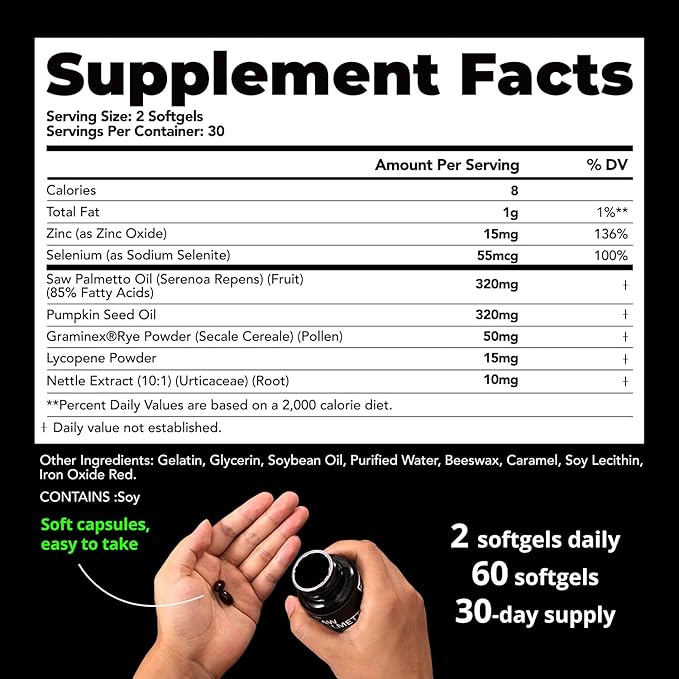 Saw Palmetto for Men Prostate Health Supplement, Pharmaceutical Grade - Pumpkin Seed Oil - Graminex® - Nettle Supports Urinary Function & Hair Loss Prevention,DHT Blocker, 60 softgels