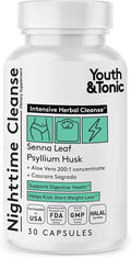 Youth & Tonic Overnight Intestinal Cleanse Supplement - Natural Constipation Relief for Men & Women with Senna Leaf, Psyllium Husk, Cascara Sagrada & Fibre - 30 Capsules. Can Be Strong for Some People