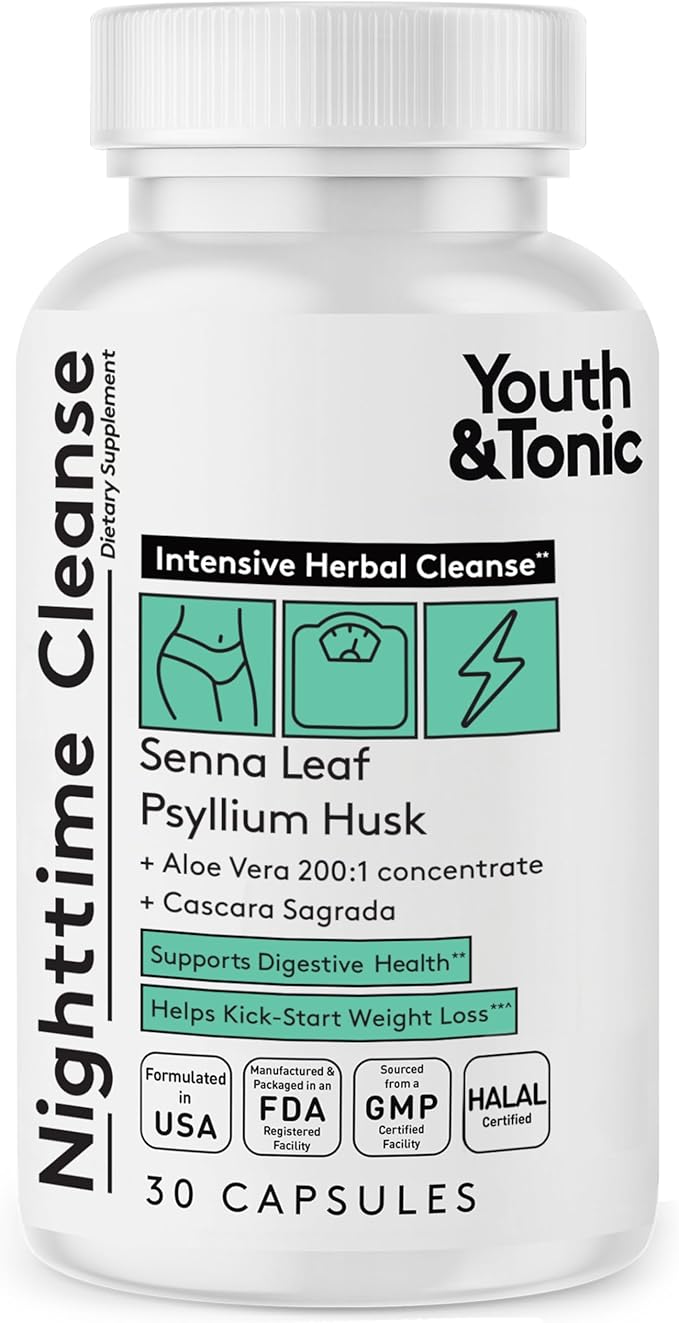 Youth & Tonic Overnight Intestinal Cleanse Supplement - Natural Constipation Relief for Men & Women with Senna Leaf, Psyllium Husk, Cascara Sagrada & Fibre - 30 Capsules. Can Be Strong for Some People