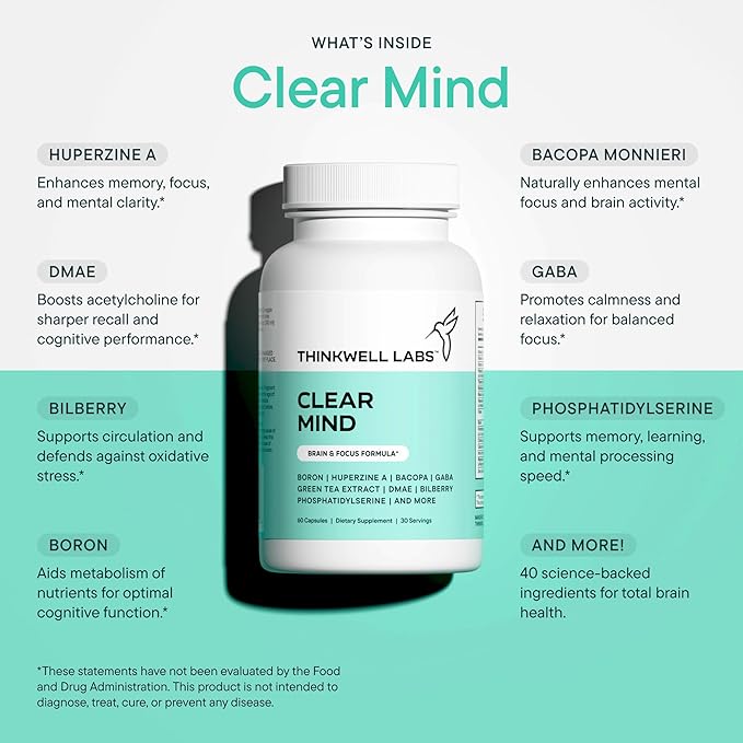 Brain Supplements for Memory and Focus for Women and Men, Focus Supplement, Memory Supplement for Brain, Nootropic with Boron, Huperzine A, Phosphatidylserine (40-in-1, 60 Capsules)