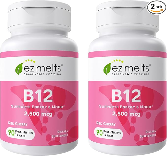 EZ Melts Dissolvable B12 2,500 mcg - Vitamin B12 for Energy & Immune Support - Non-GMO, Vegan & Gluten-Free - Red Cherry - 180 Sublingual Tablets (180 Servings)