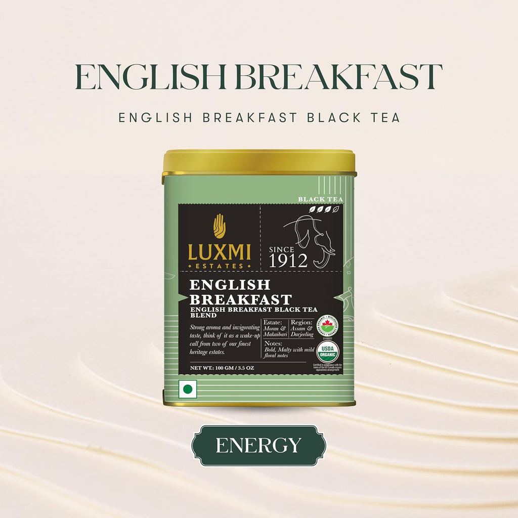 Luxmi Estates - Tale of Two Estates - Organic English Breakfast Tea - Loose Leaf - 100g (50 Cups) | Made with Organic Darjeeling & Assam Tea from India | Smooth, Flavorful, Robust and Caffeinated